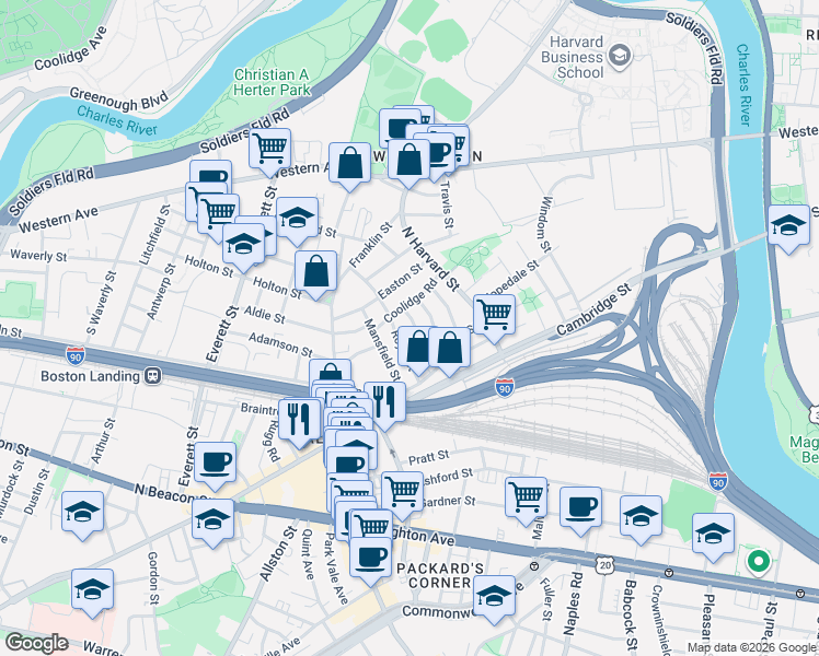 map of restaurants, bars, coffee shops, grocery stores, and more near 10 Holman Street in Boston