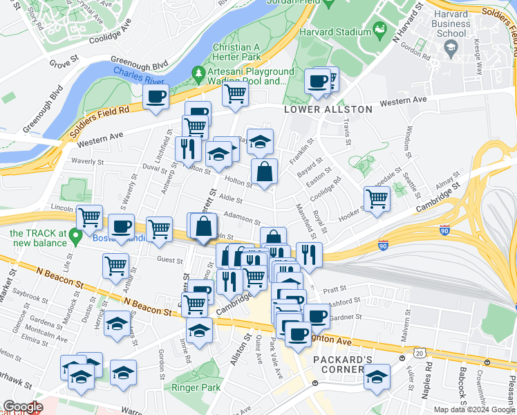 map of restaurants, bars, coffee shops, grocery stores, and more near 53 Aldie Street in Boston