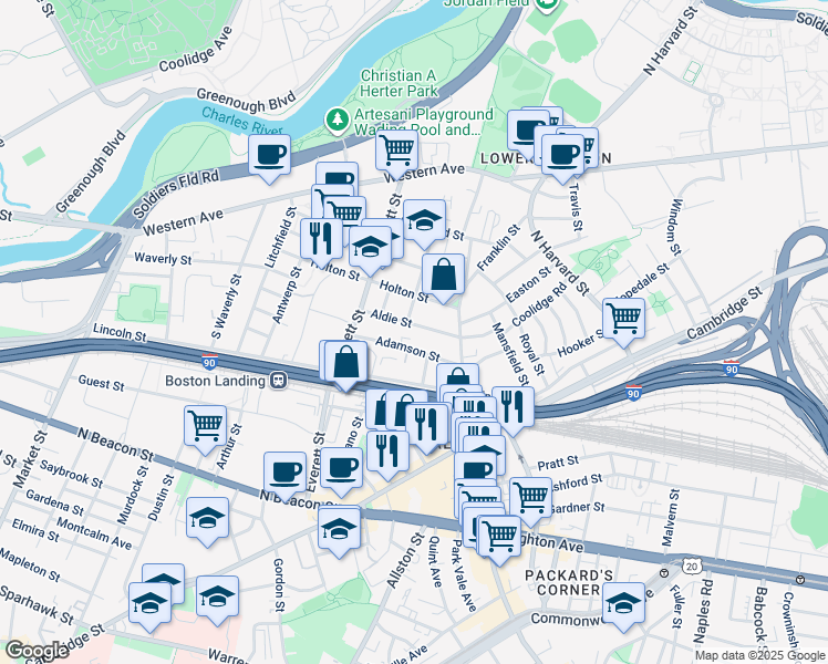 map of restaurants, bars, coffee shops, grocery stores, and more near 53 Aldie Street in Boston