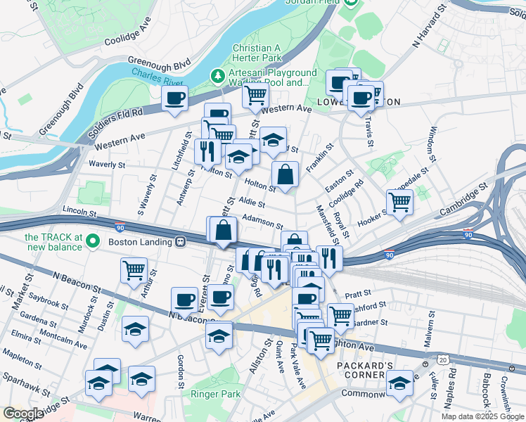 map of restaurants, bars, coffee shops, grocery stores, and more near 53 Aldie Street in Boston