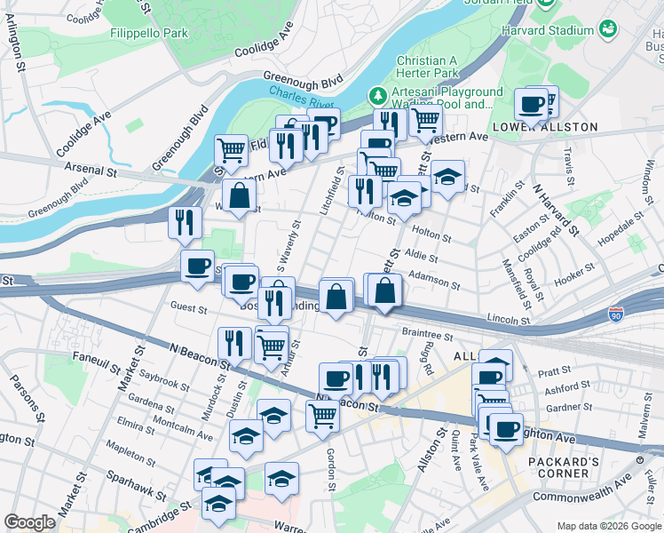 map of restaurants, bars, coffee shops, grocery stores, and more near 7 Antwerp Street in Boston