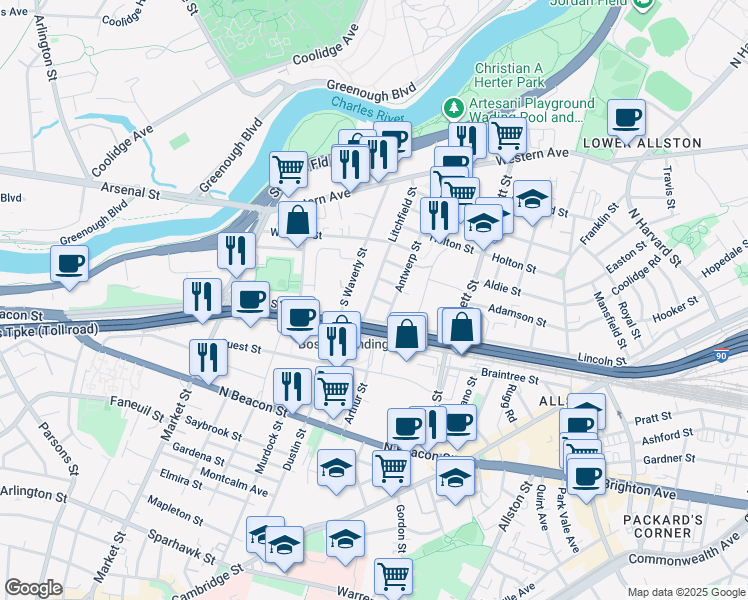 map of restaurants, bars, coffee shops, grocery stores, and more near 6 Litchfield Street in Boston