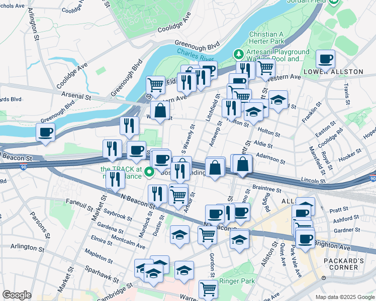 map of restaurants, bars, coffee shops, grocery stores, and more near 6 Litchfield Street in Boston