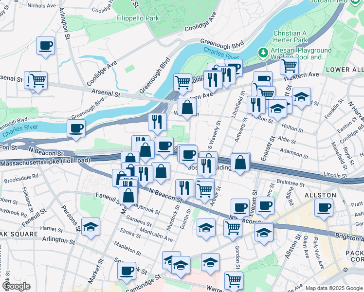 map of restaurants, bars, coffee shops, grocery stores, and more near 50 Lincoln Street in Boston