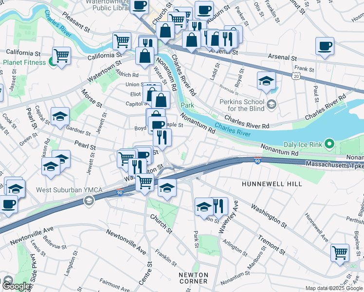 map of restaurants, bars, coffee shops, grocery stores, and more near 8 Nonantum Place in Newton
