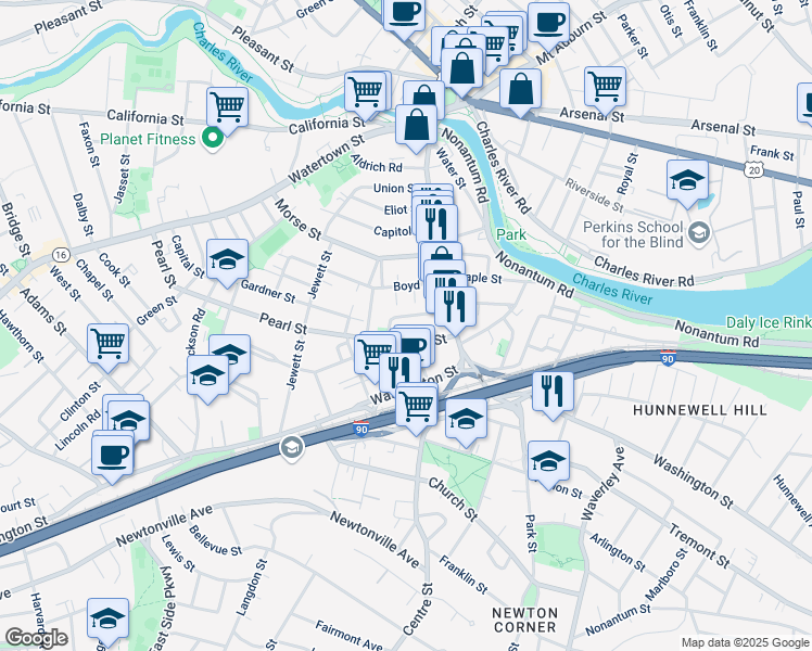 map of restaurants, bars, coffee shops, grocery stores, and more near 41 Pearl Street in Newton