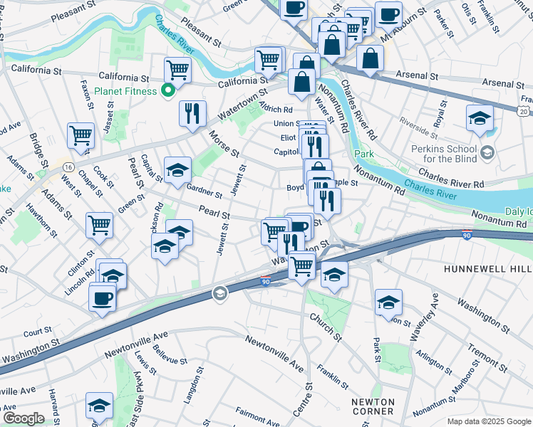 map of restaurants, bars, coffee shops, grocery stores, and more near 35 Emerson Street in Newton