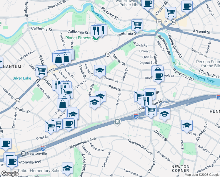 map of restaurants, bars, coffee shops, grocery stores, and more near 93 Waban Park in Newton