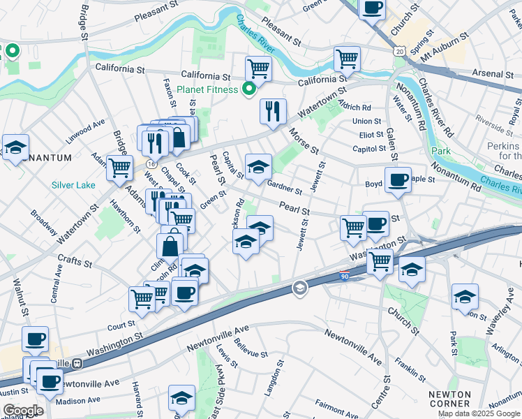 map of restaurants, bars, coffee shops, grocery stores, and more near 106 Waban Street in Newton