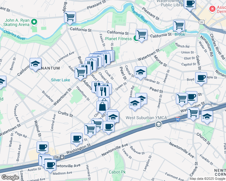 map of restaurants, bars, coffee shops, grocery stores, and more near 221 Chapel Street in Newton