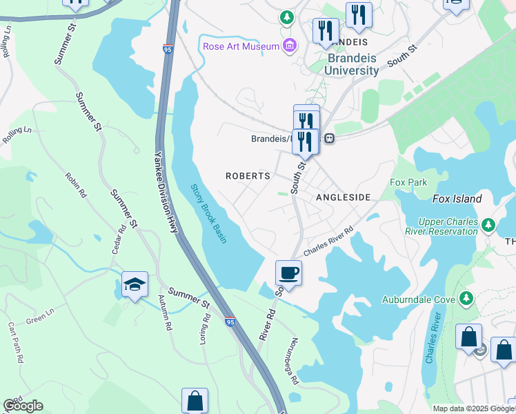 map of restaurants, bars, coffee shops, grocery stores, and more near 90 Morton Street in Waltham