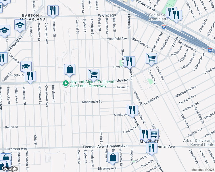 map of restaurants, bars, coffee shops, grocery stores, and more near 7139 Julian Street in Detroit