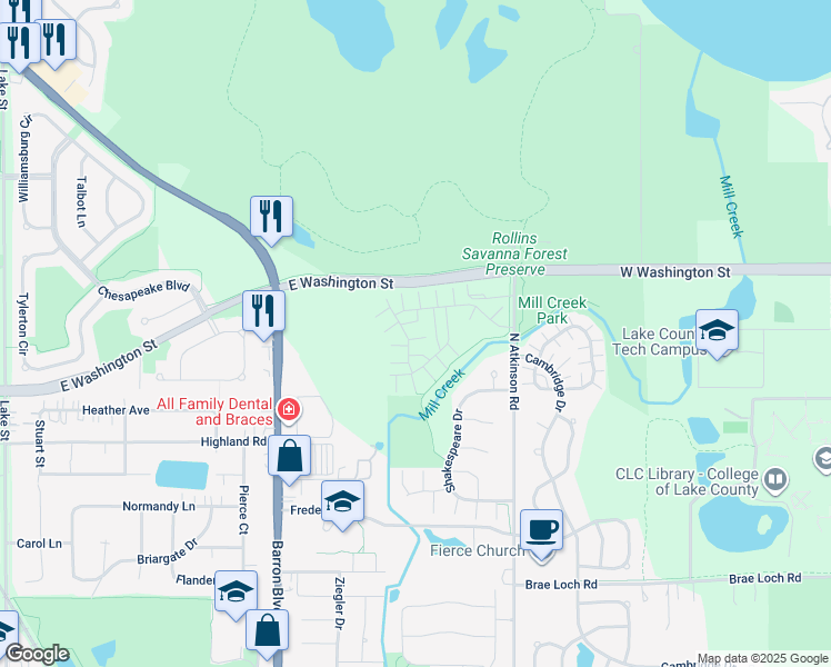 map of restaurants, bars, coffee shops, grocery stores, and more near 1085 Chadwick Drive in Grayslake