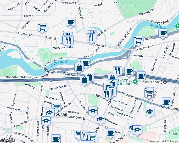 map of restaurants, bars, coffee shops, grocery stores, and more near 1660-1670 Soldiers Field Road in Boston