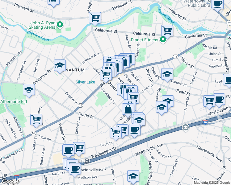 map of restaurants, bars, coffee shops, grocery stores, and more near 7 Quirk Court in Newton