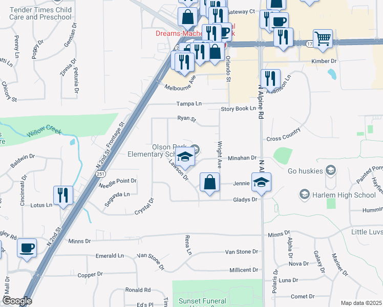 map of restaurants, bars, coffee shops, grocery stores, and more near 1414 Minahan Drive in Machesney Park