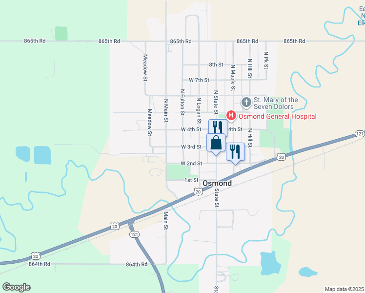 map of restaurants, bars, coffee shops, grocery stores, and more near 301 West 3rd Street in Osmond