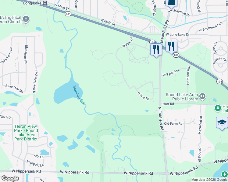 map of restaurants, bars, coffee shops, grocery stores, and more near 1722 West Turtle Creek Lane in Round Lake