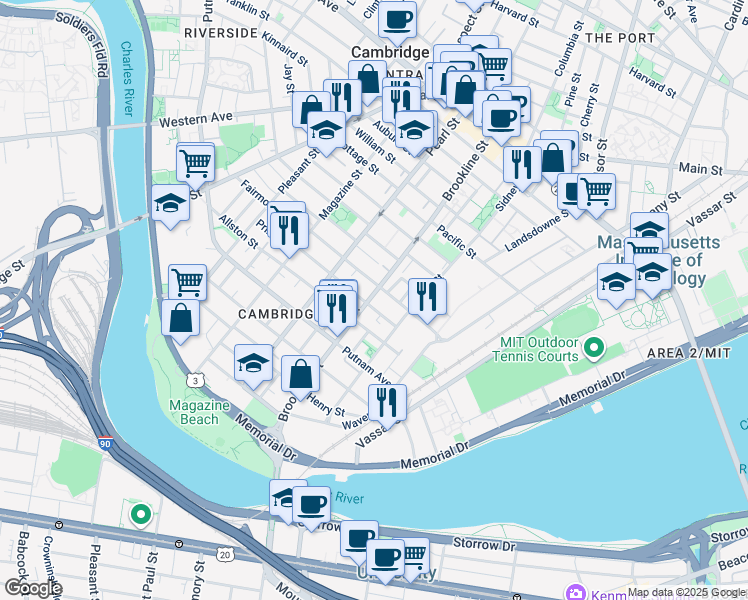map of restaurants, bars, coffee shops, grocery stores, and more near 93 Hamilton Street in Cambridge