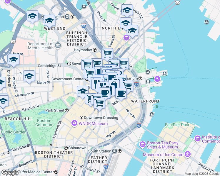 map of restaurants, bars, coffee shops, grocery stores, and more near 53 State Street in Boston