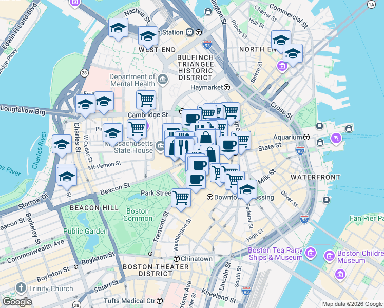 map of restaurants, bars, coffee shops, grocery stores, and more near Pemberton Square in Boston