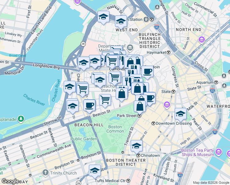 map of restaurants, bars, coffee shops, grocery stores, and more near 14 Pinckney Street in Boston
