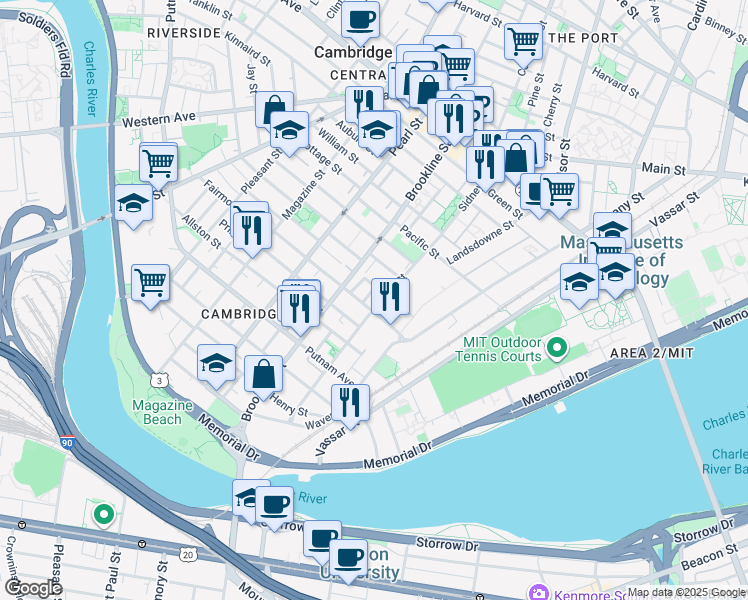 map of restaurants, bars, coffee shops, grocery stores, and more near 167 Sidney Street in Cambridge