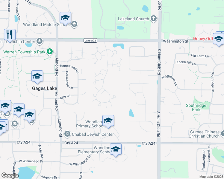 map of restaurants, bars, coffee shops, grocery stores, and more near 34028 North White Oak Lane in Gurnee