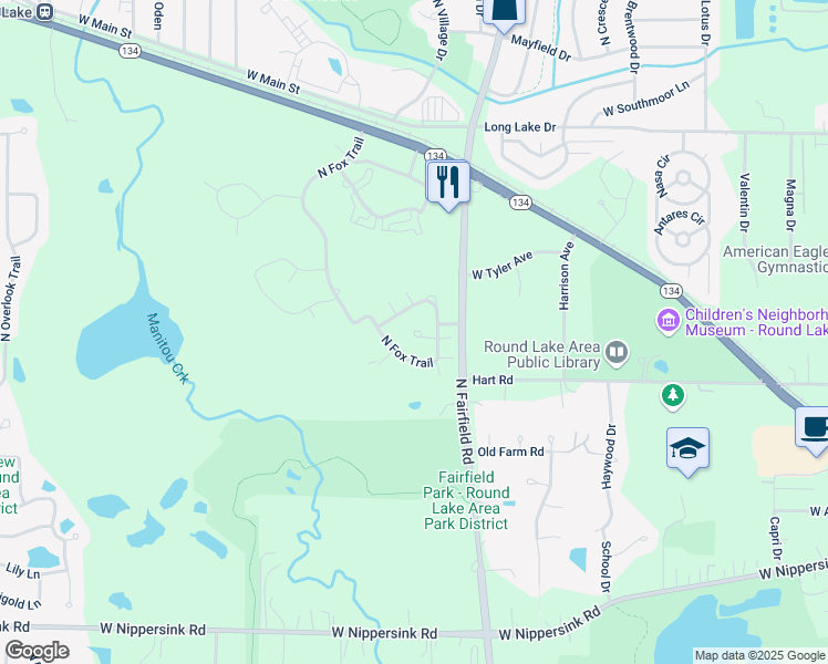 map of restaurants, bars, coffee shops, grocery stores, and more near 1265 Oriole Court in Round Lake