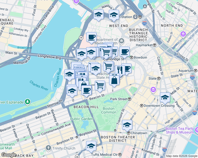 map of restaurants, bars, coffee shops, grocery stores, and more near in Boston