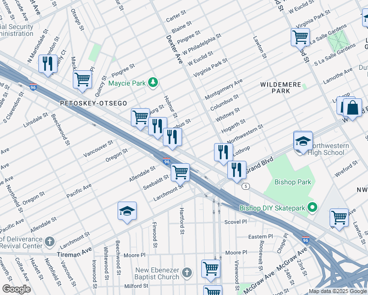 map of restaurants, bars, coffee shops, grocery stores, and more near 7600 Grand River Avenue in Detroit
