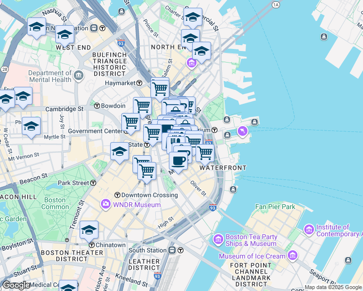 map of restaurants, bars, coffee shops, grocery stores, and more near 15 Broad Street in Boston