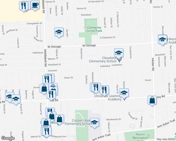 map of restaurants, bars, coffee shops, grocery stores, and more near 14120 Sunbury in Livonia