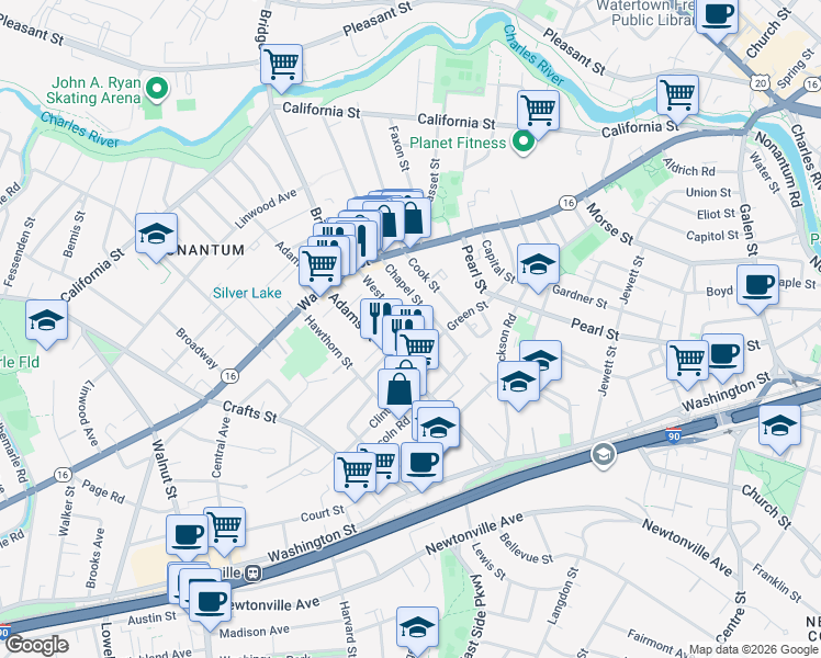 map of restaurants, bars, coffee shops, grocery stores, and more near 70 West Street in Newton