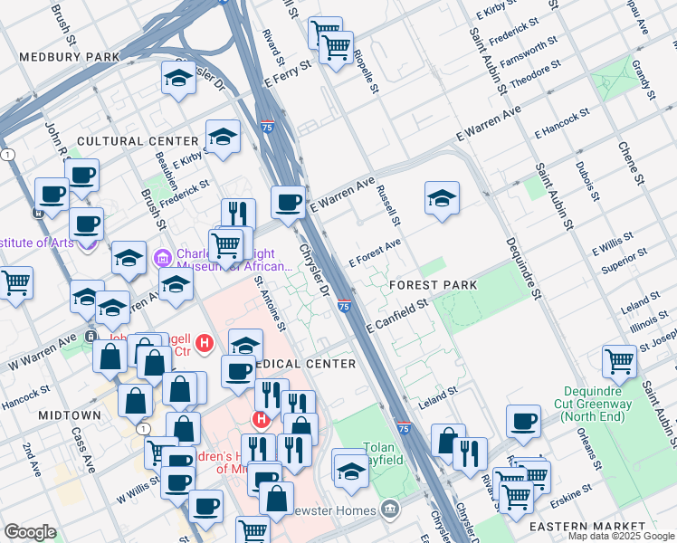 map of restaurants, bars, coffee shops, grocery stores, and more near 4701 Chrysler Drive in Detroit