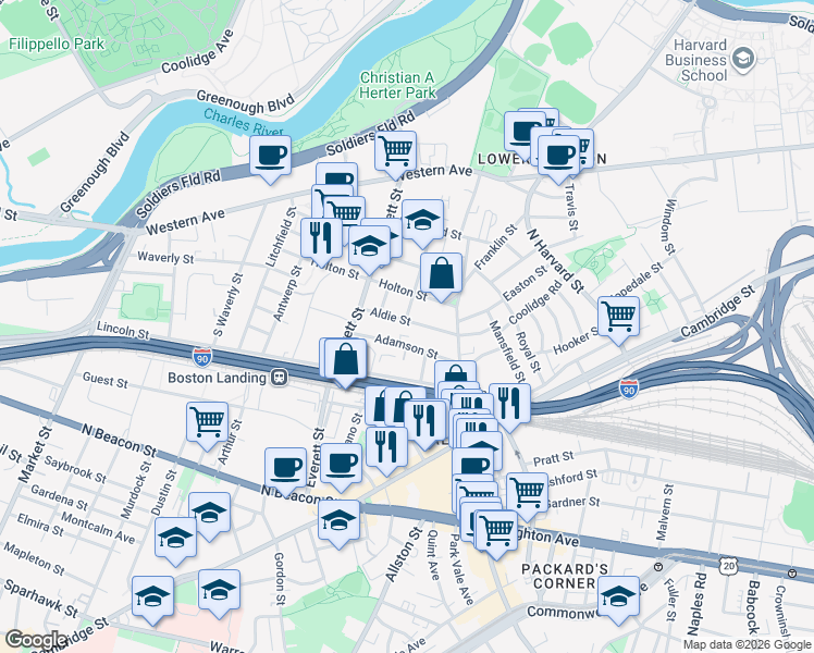 map of restaurants, bars, coffee shops, grocery stores, and more near 53 Aldie Street in Boston