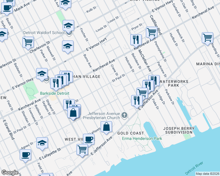 map of restaurants, bars, coffee shops, grocery stores, and more near 1488 Burns Avenue in Detroit