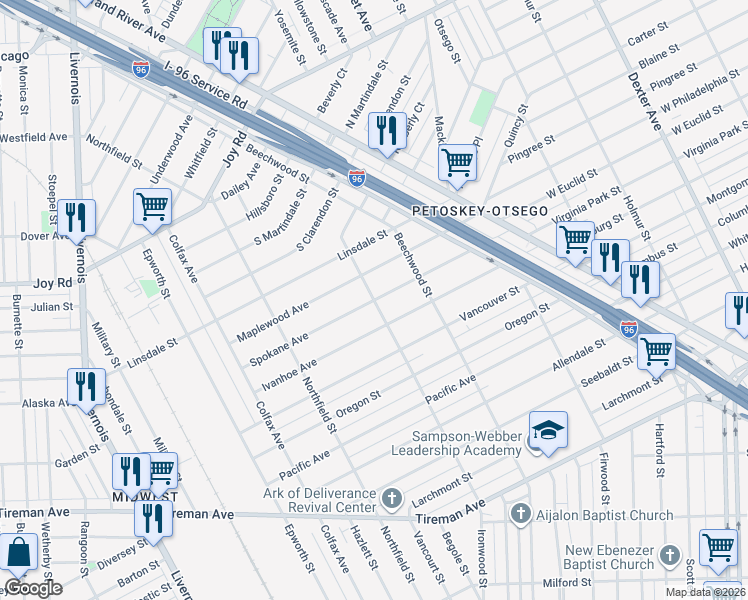 map of restaurants, bars, coffee shops, grocery stores, and more near Spokane Avenue in Detroit