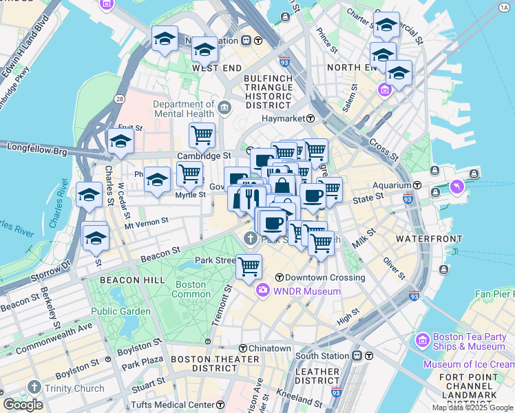 map of restaurants, bars, coffee shops, grocery stores, and more near 10 Somerset Street in Boston