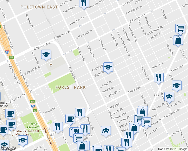 map of restaurants, bars, coffee shops, grocery stores, and more near 4156 Saint Aubin Street in Detroit