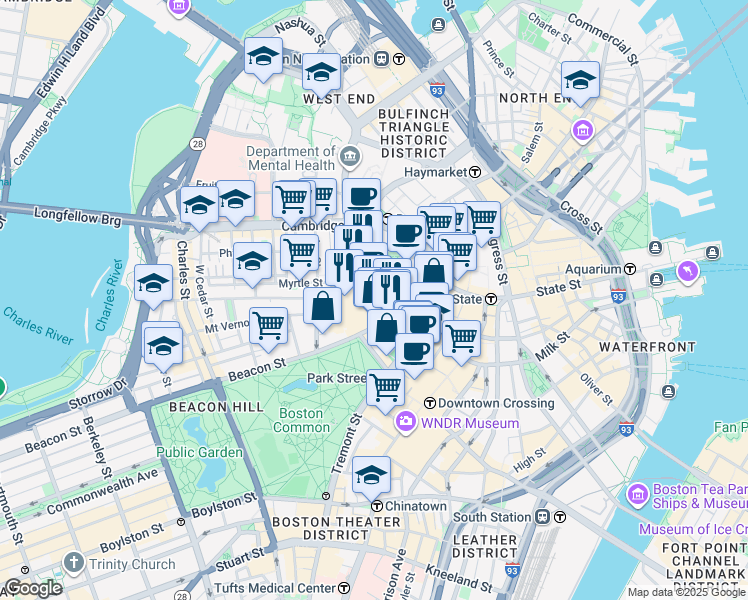 map of restaurants, bars, coffee shops, grocery stores, and more near 142-144 Bowdoin Street in Boston