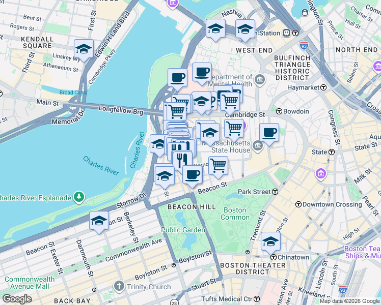 map of restaurants, bars, coffee shops, grocery stores, and more near in Boston