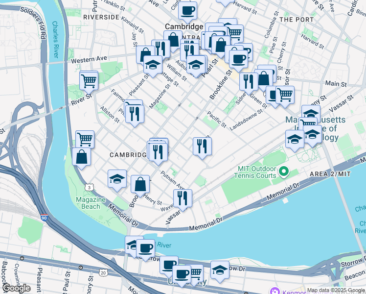 map of restaurants, bars, coffee shops, grocery stores, and more near 93 Hamilton Street in Cambridge