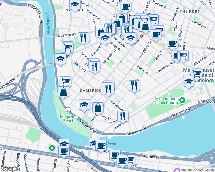 map of restaurants, bars, coffee shops, grocery stores, and more near 129 Allston Street in Cambridge