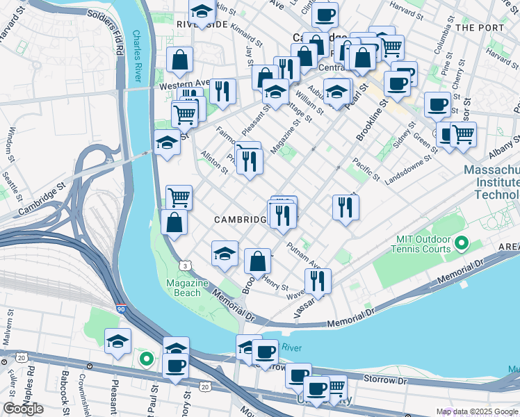 map of restaurants, bars, coffee shops, grocery stores, and more near in Cambridge