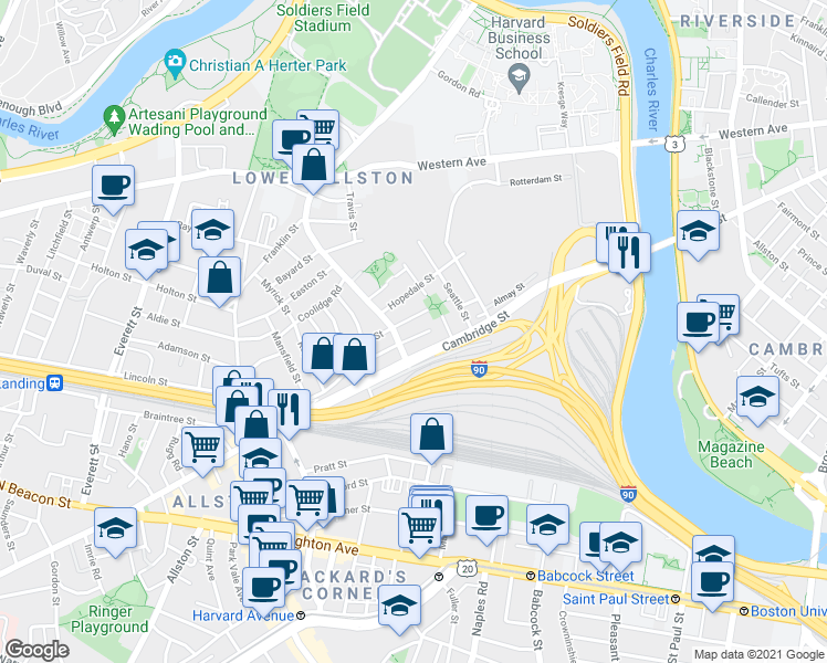 map of restaurants, bars, coffee shops, grocery stores, and more near 197 Cambridge Street in Boston
