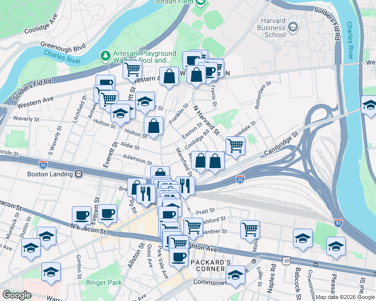 map of restaurants, bars, coffee shops, grocery stores, and more near 38 Mansfield Street in Boston