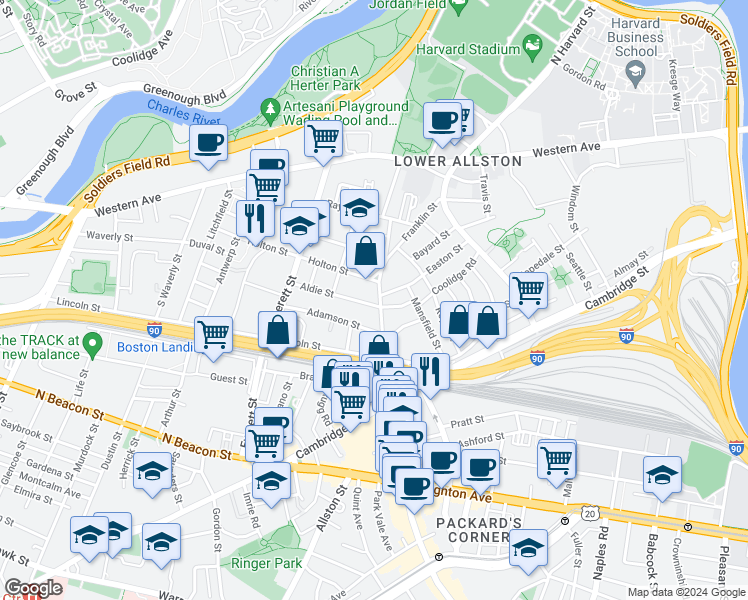 map of restaurants, bars, coffee shops, grocery stores, and more near 81 Franklin Street in Boston