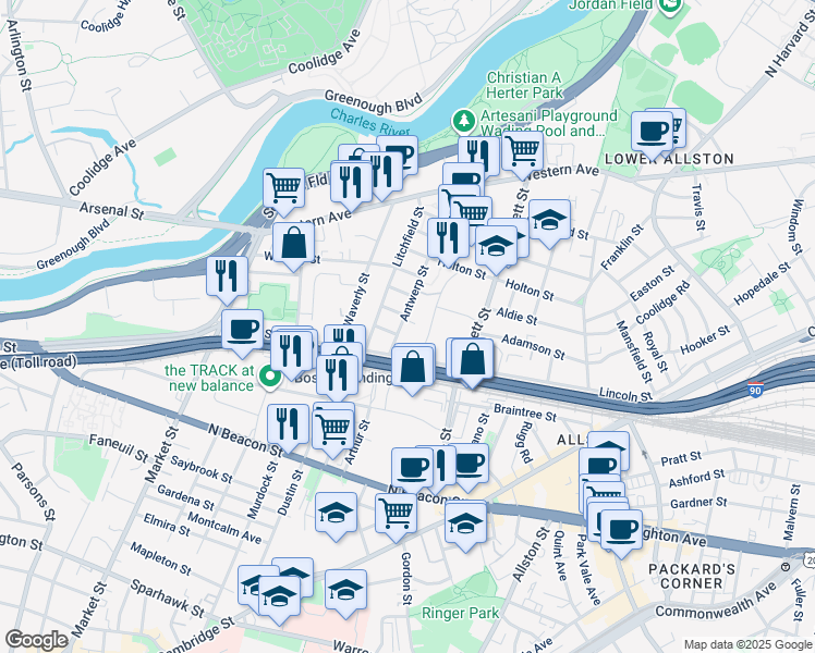 map of restaurants, bars, coffee shops, grocery stores, and more near 7 Antwerp Street in Boston