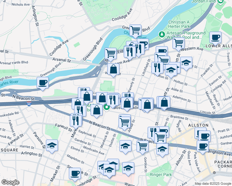 map of restaurants, bars, coffee shops, grocery stores, and more near 84 Lincoln Street in Boston